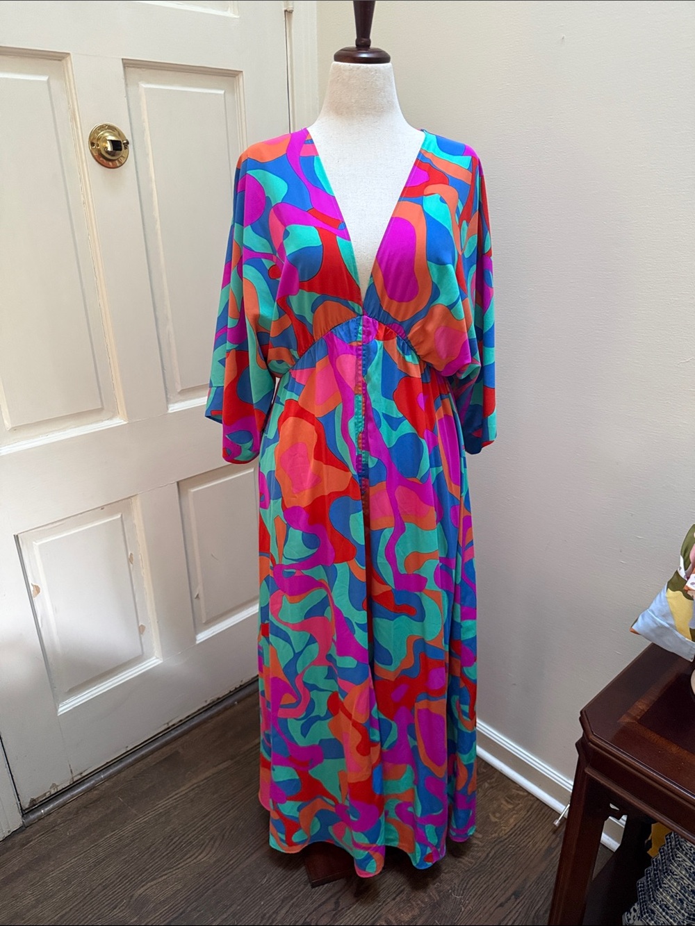 Tyche Colorblock Abstract Maxi Dress in Turquoise, Pink & Orange